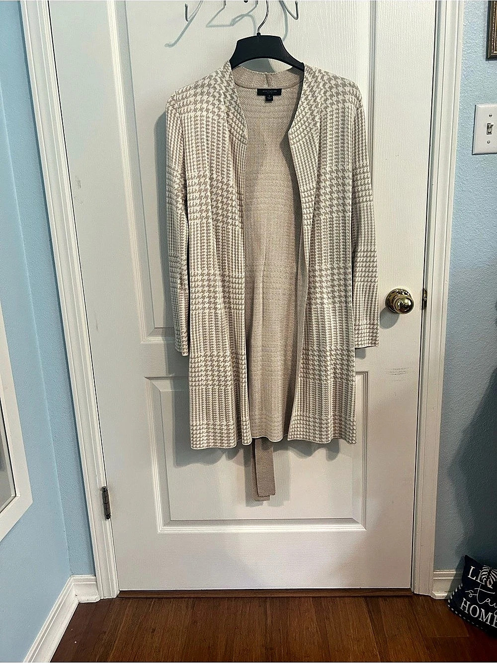 Ann Taylor Houndstooth Belted Coatigan Beige & White Medium